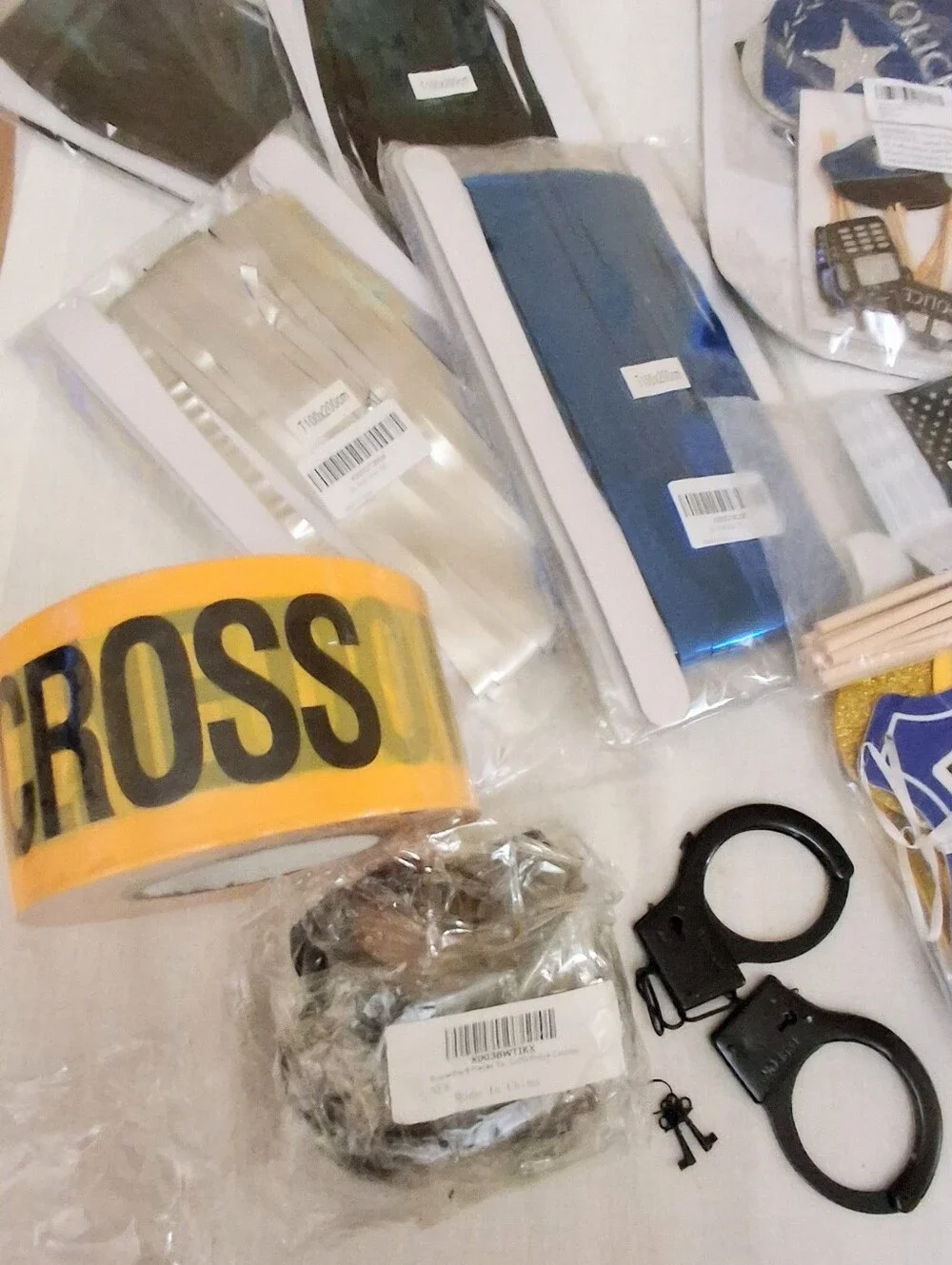 Party Supplies Huge Lot Policeman- Badges Handcuffs, Crime Tape, Flags, Banners